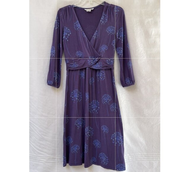Boden Purple Floral Wrap Style Midi Dress Womens 4 R Stretch Party Boho Cottage - Picture 1 of 11